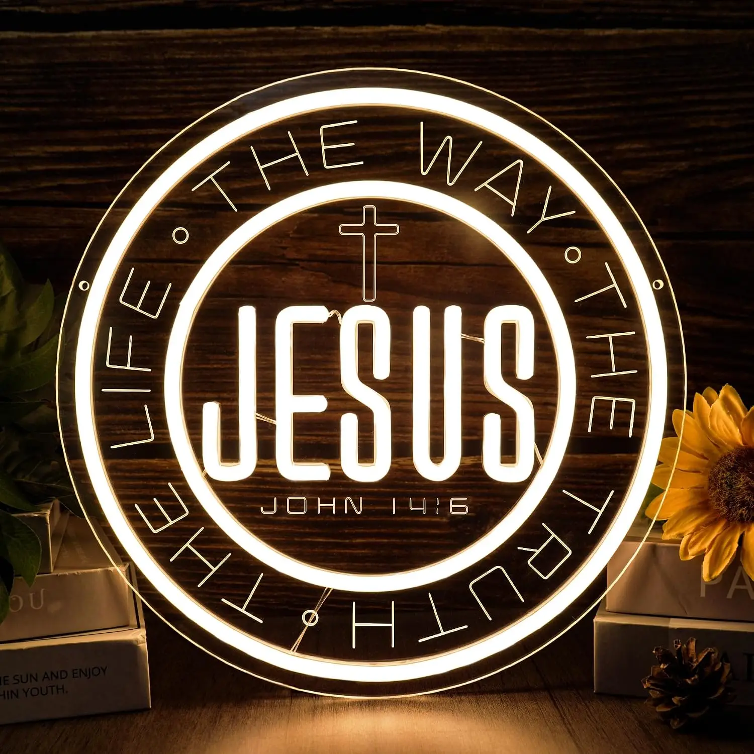  Jesus The Way Truth Life Cross LED Neon Sign USB Powered Wall Light For Prayer Room Church Bedroom Faith Decor Religious Gift