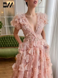 Rose Pink Lace 3D Flowers V Neck Prom Dress Pearls Evening Dresses Cocktail A-line Formal Events Customized Women Party Gown