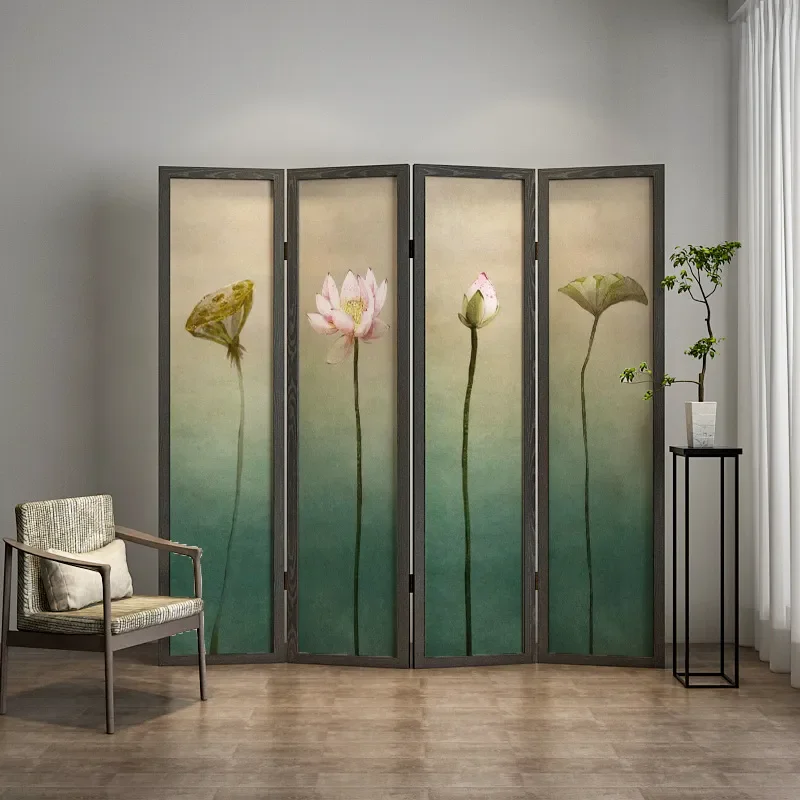 for New Chinese Style Screen Partition Living Room Entrance Bedroom Decoration Simple Movable Semi-transparent Lotus Fabric