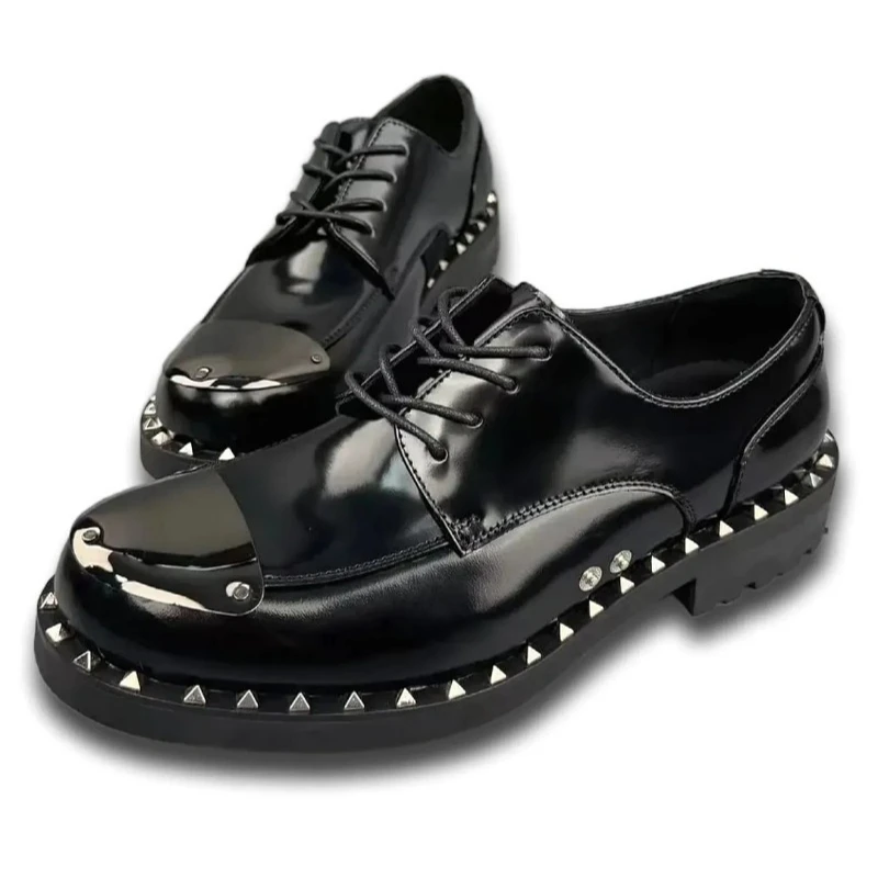 European/American Rivet Original Design Iron Head Derby Shoes for Men's Thick Sole Increasing Shoes Genuine Leather Casual Shoes