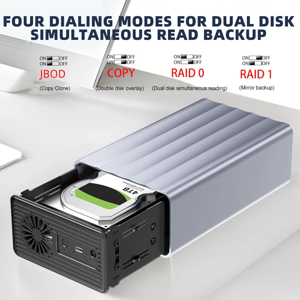 Dual Bay HDD/SSD Case SATA 4 RAID Modes Storage Enclosure Hard Drive Docking Station for 2.5/3.5 Inch External Hard Drive Case