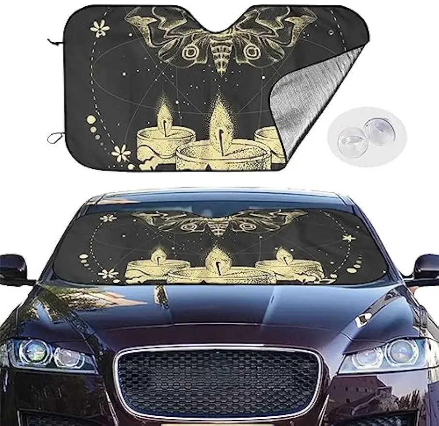 Burning Candle Golden Moth Car Front Window Sunshade for Most Sedans SUV Truck Blocks Max Sun Rays and Keeps Your Vehicle Cool