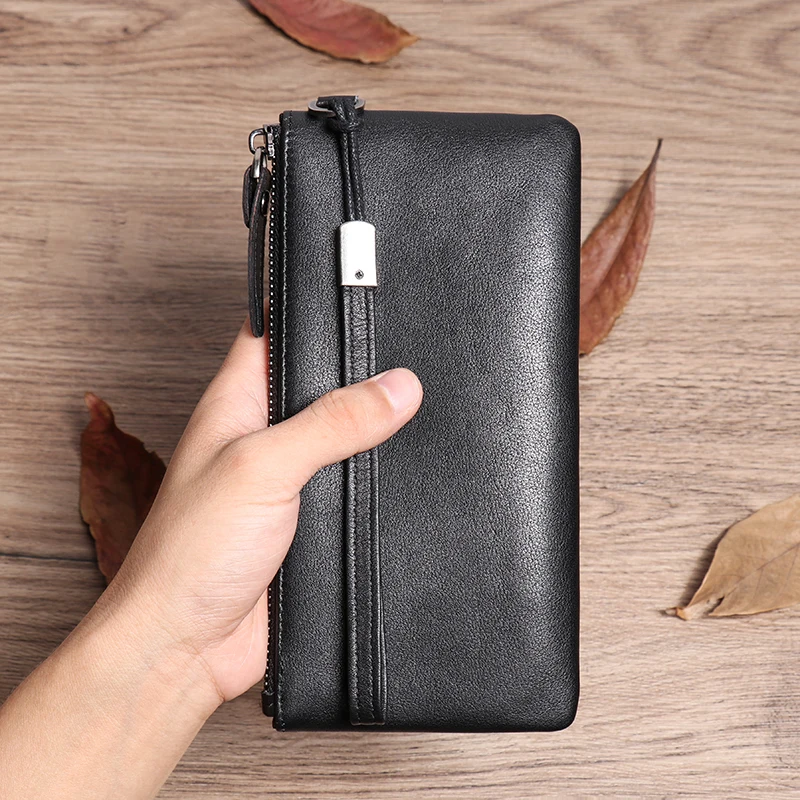 LUOKIR High Quality Men\'s Genuine Clutch Bag Casual Soft Cowhide Long Wallet Women Simple Slim Zipper Card Clip Coin Phone Bags