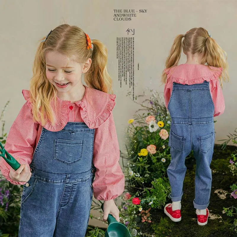 

2024 Spring Autumn Junior Girl Clothing Set Children Girl Peter Pan Collar Long Sleeve Plaid Shirt+Denim Overall Set For Girls