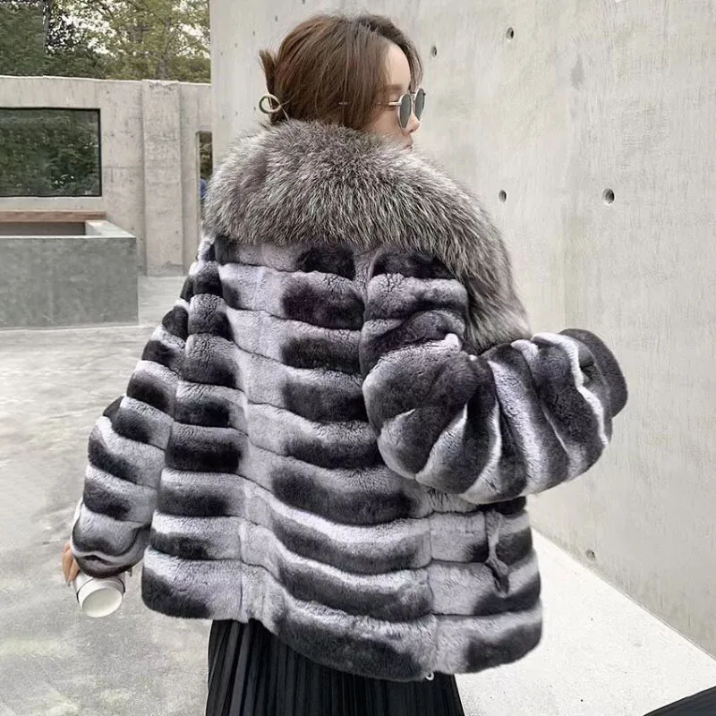 Autumn Winter Rex Rabbit Fur Jacket Women Overcoat Loose Luxury Silver Fox Fur Thick Warm Parker Coat Fur Collar Mao Mao Clothes