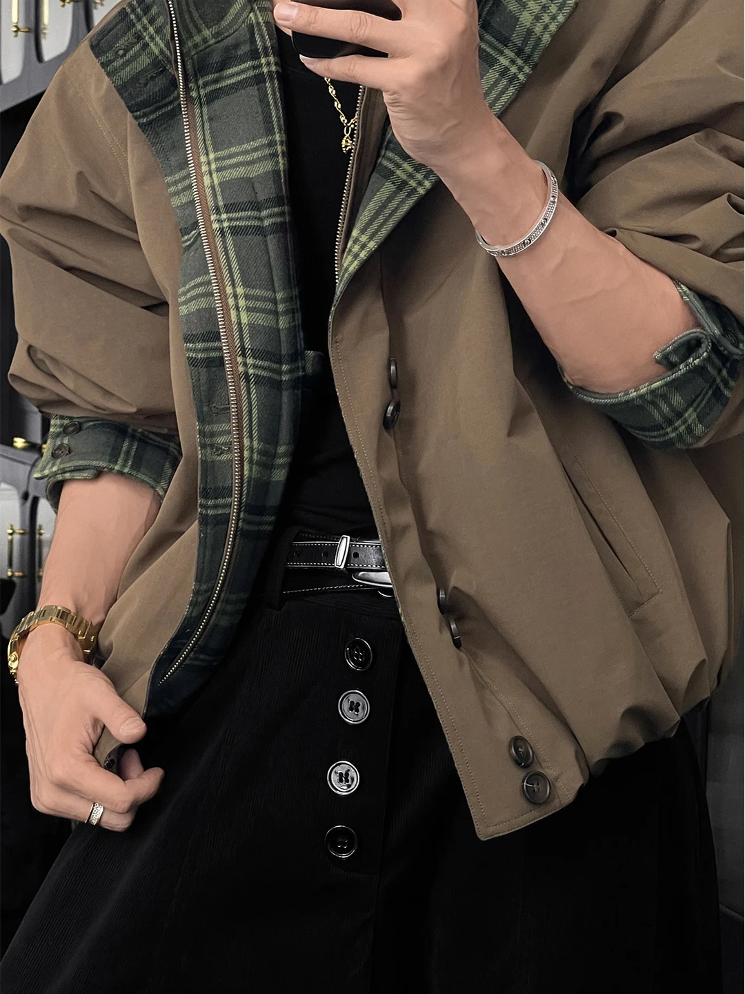 

Retro American Plaid Splicing Loose Fit Cotton Jaet for Men Stand Collar Long Sve Warm Casual Outerwear Youth Faion