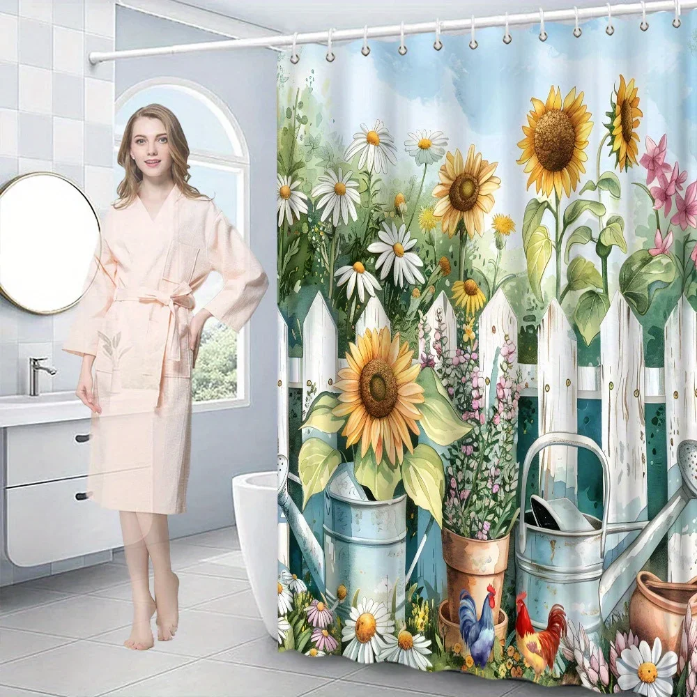 ~O~1pc Whimsical Garden Shower Curtain - Blue Watering Cans, Bird, Rooster, Flowers, Rustic Fence, Polyester, Washable, All-Seas