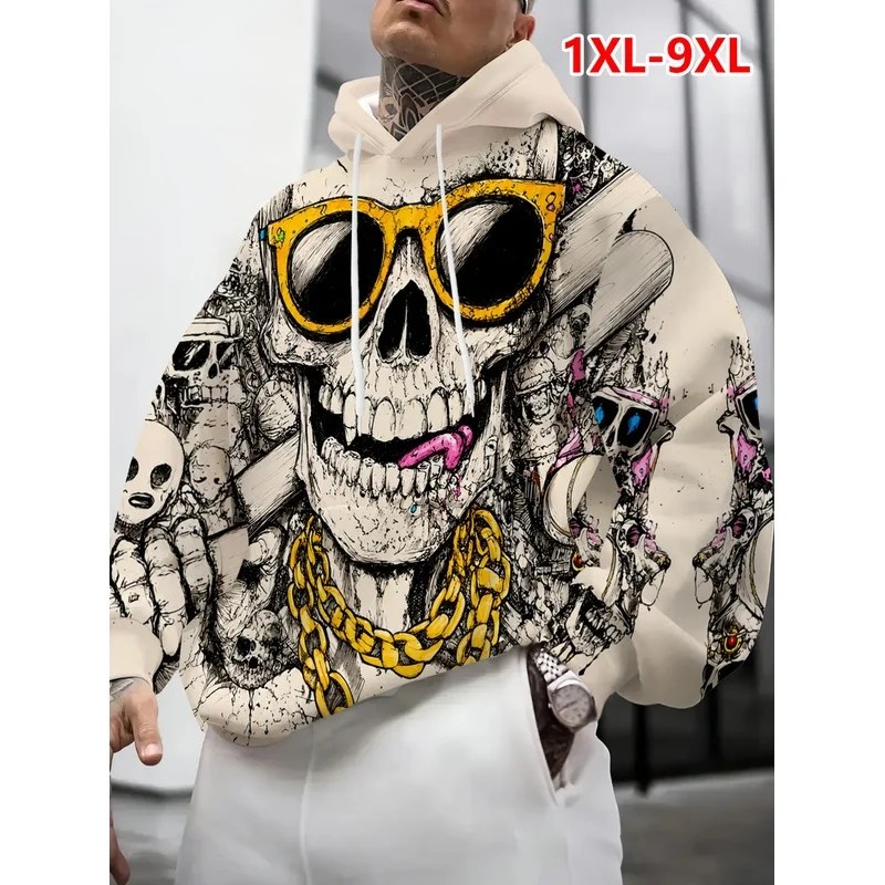 Men's Oversized Skull Print Sweatshirt Loose Pullover Hoodie Street Hip Hop Casual Trendy Comfortable Winter Men's Top