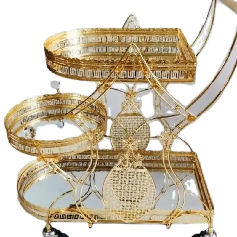 2025 Popular Gold Metal Pushcart Trolley Heart Shape with Crystals for Dining Living Room Hotel Kitchen Warehouse Wine Cellar