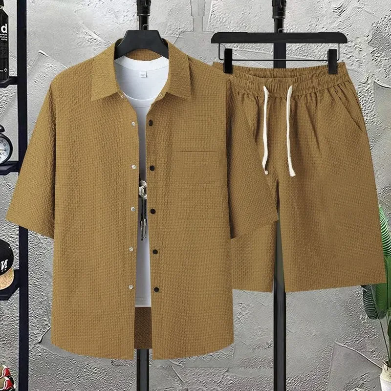 Large Size Suit Summer Men's Short-sleeved Shirt Shorts Loose Cardigan Trendy Casual Two-piece Set for Men