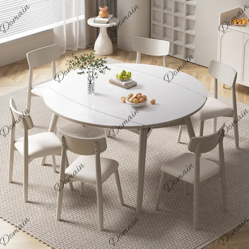 BJ Stretching Rock Slab Dining Table Folding Telescopic Round Table Household Small Apartment Modern Simplicity