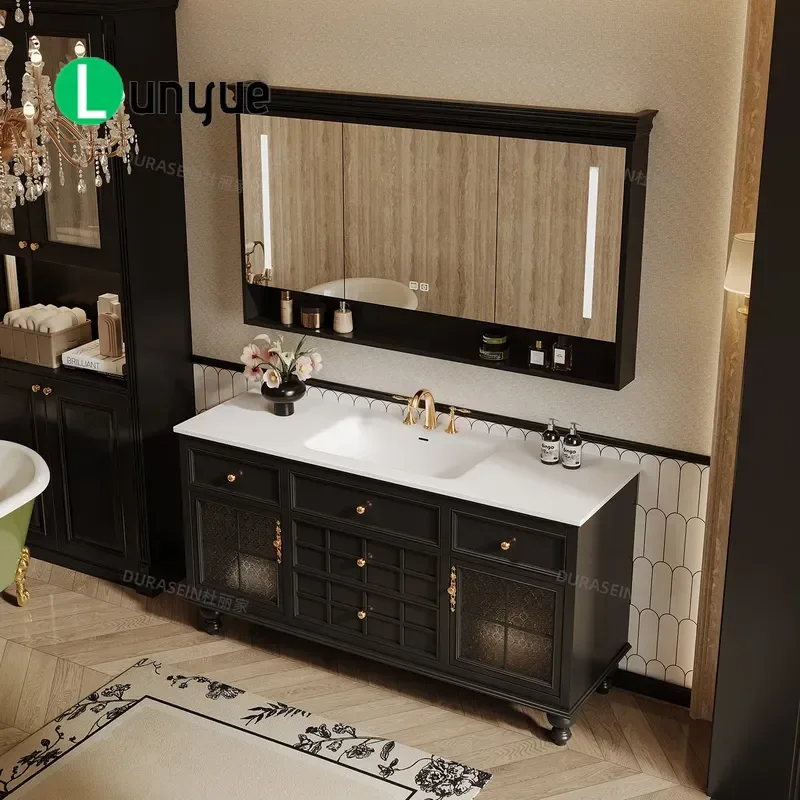 French Retro Oak Bathroom Cabinet with Corian Integrated Basin and Rock Slab Washstand Modern Vanity Unit for Home Bathroom