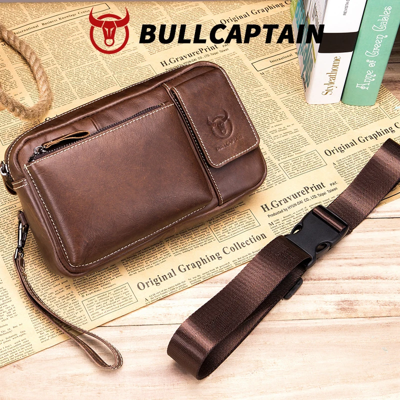 BULLCAPTIAN leather waist bag with belt, mobile phone bag, outdoor sports  Fanny Pack for men Men's Clutch Casual Key Bag view 2