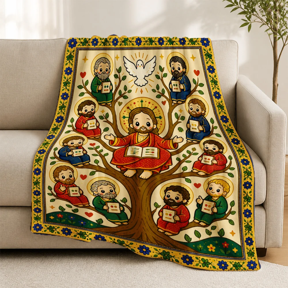 Sacred Christian Jesus Tree of Life Religious Motif Throw Blanket Sofa Couch Decor Biblical Art Catholic Faith Gift Home Decor T