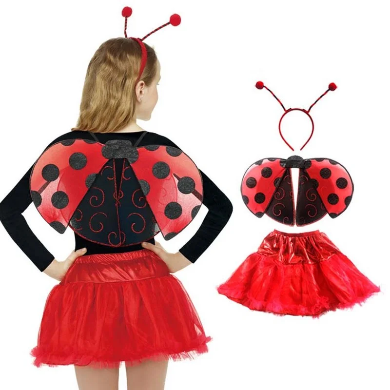 Red Baby Girls Princess Dress up Ladybug Costume Skirt Wing Headband Birthday Party  Accessories for Kids Halloween