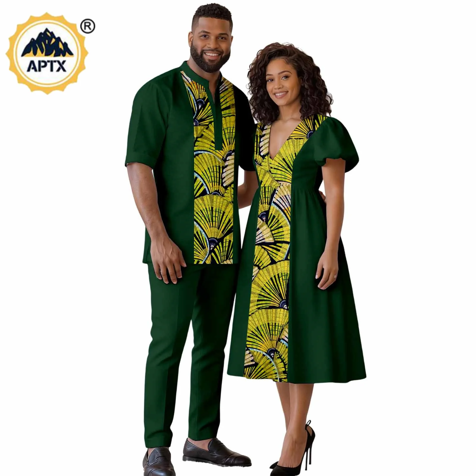 African Short Sleeve V-neck Print Dresses for Women Matching Couple Outfits Dashiki Men Patchwork Top Shirt and Pant Sets 26C040