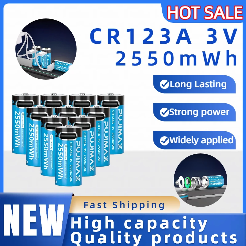 CR123A 3V 2550mAh Alkaline Rechargeable Battery with TypeC Fast Charging High Capacity for Security Cameras And Flashlight Devi