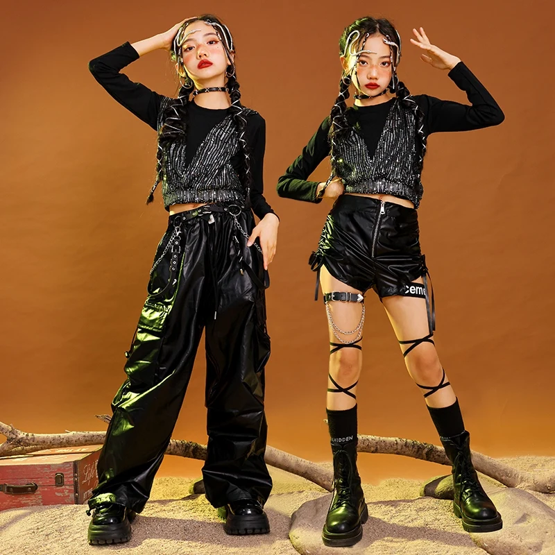 Disfraz de baile de Jazz negro para niñas, traje de actuación de Hip Hop Kpop, ropa de baile callejero para niños, Tops de moda, Sudadera con capucha, pantalones cortos, 965