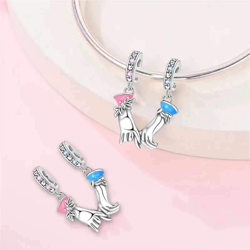 

925 Sterling Silver Sweet Couple Holding Hands Charms Beads Shining Zircon Dangle Fit Original Bracelet DIY Women Jewelry