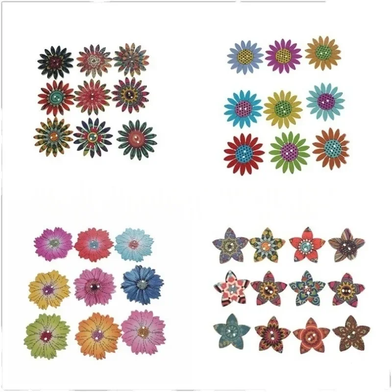50Pcs 20mm Mixed Pattern Vintage Wooden Buttons 3/4inch 2 Holes,  DIY Craft Sewing, Decorative Crafts Random Flower Painting