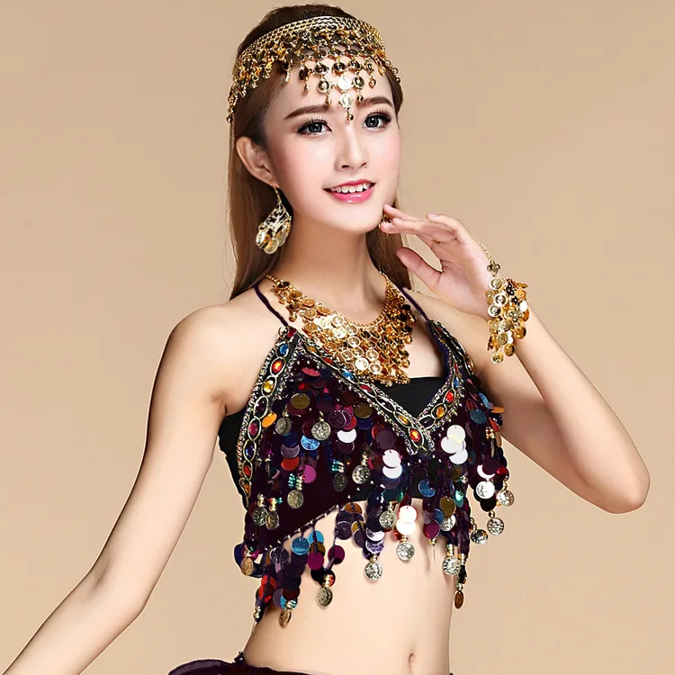 Belly dance top gong piece bra colored sequins top Indian dance show costume colored diamond hanging coin bra