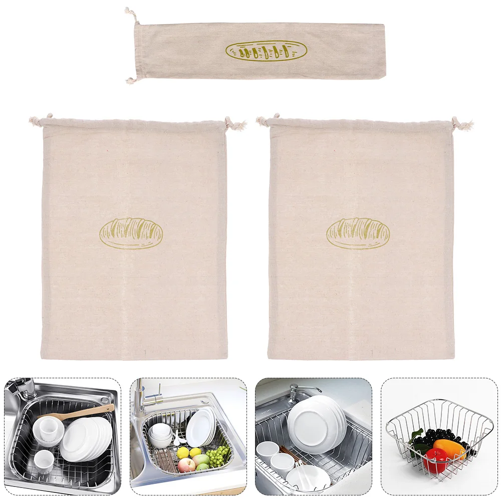 

3 Pcs Bags Linen Reusable Drawstring Loaf Storage Easy Clean Firm Sealed Dustproof Carry Kitchen Bread Bags Bar