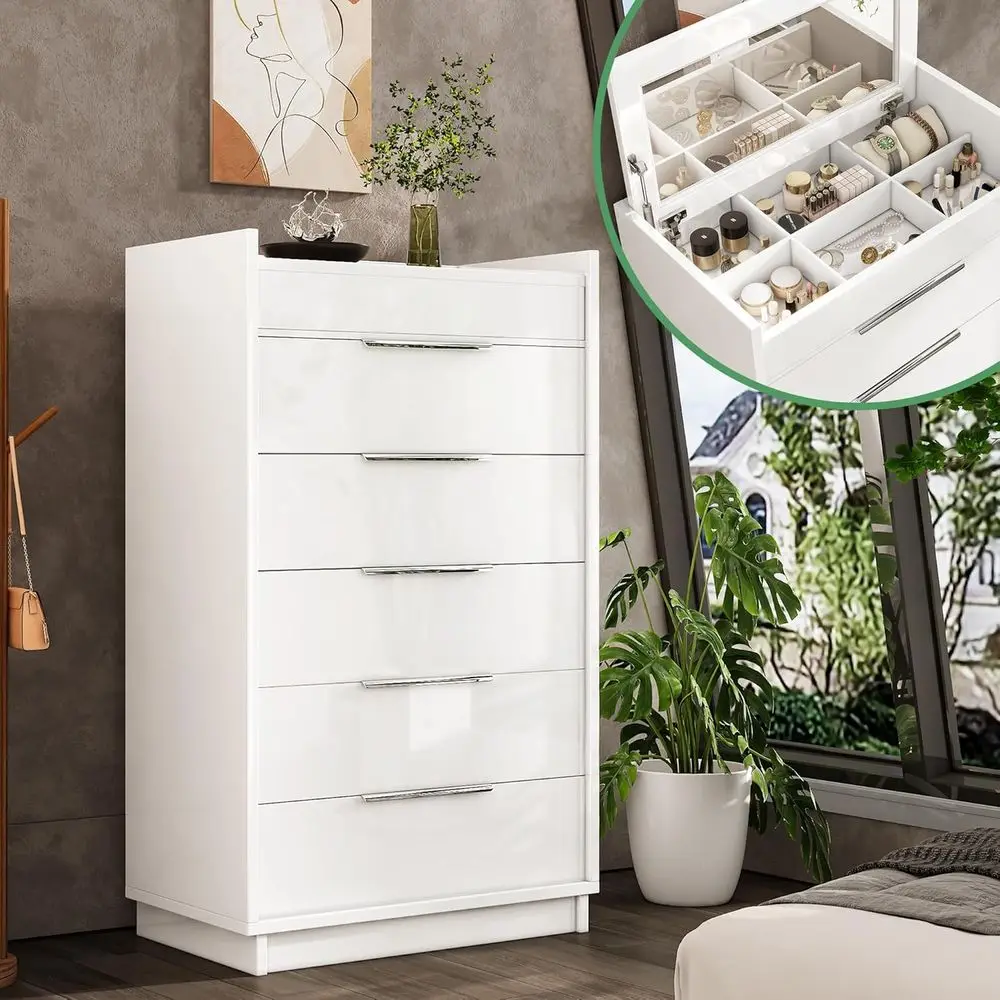 

White High Gloss Bedroom Storage Organizer with Built-in Mirror and Glass Tabletop