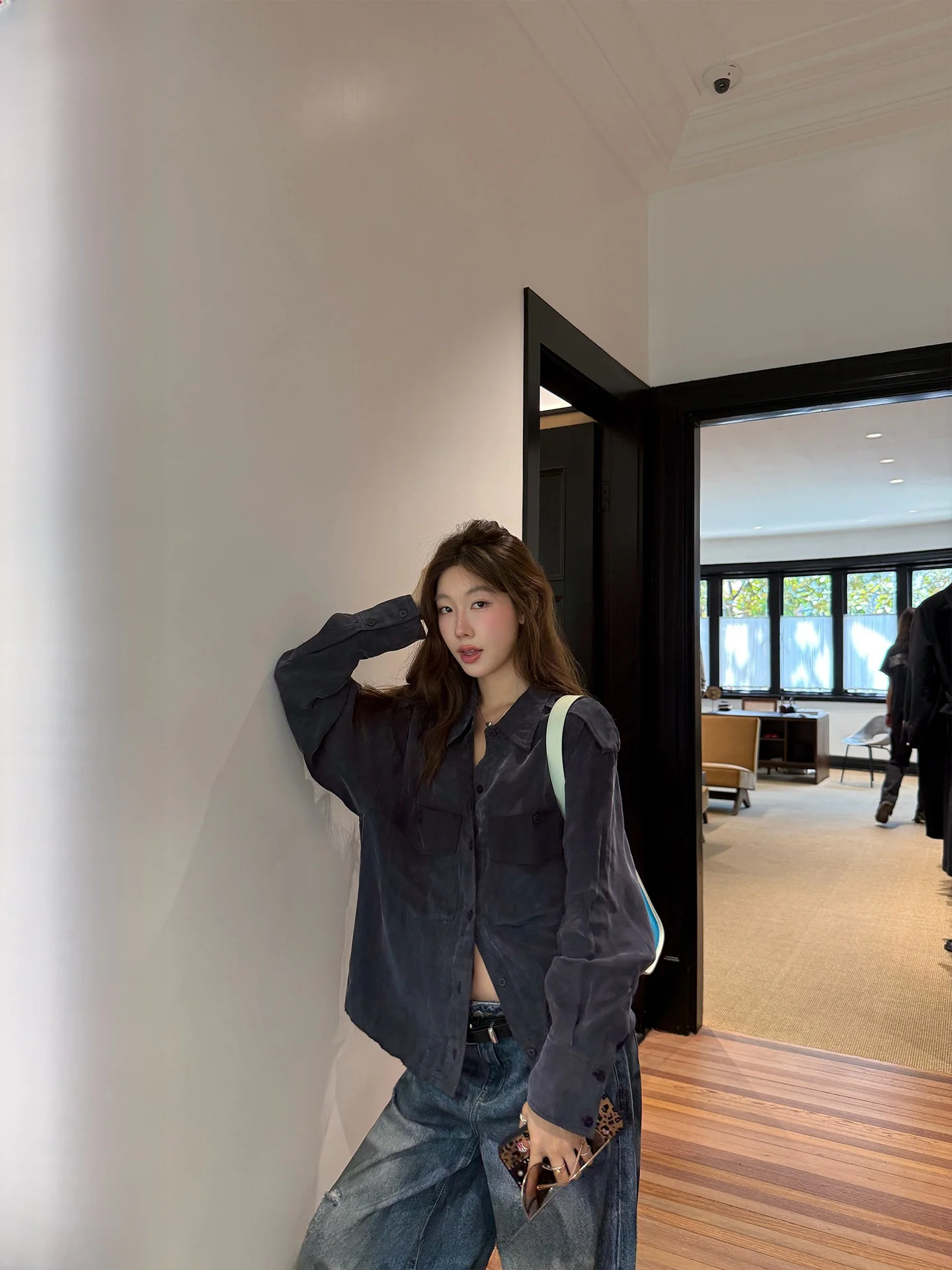 

Шелково-льняная рубашка-жакет Ranwear с двойными карманами, отложным воротником, повседневного свободного кроя, женская, приятная к коже, дышащая, с длинными рукавами