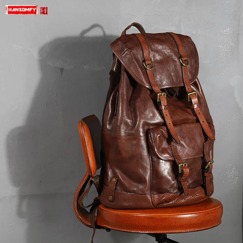 

Vegetable Tanned Cowhide Leather Men's Backpack Male Retro Large Capacity Bag Men Bucket Travel Backpacks New Original 2024