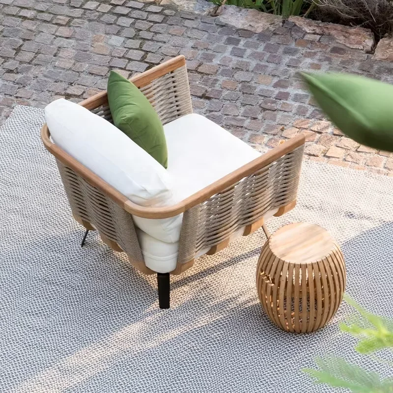 Nordic Garden Outdoor Rattan Sofa Courtyard Terrace Leisure Teak Waterproof Sunscreen Terrace Sofa 5-piece Sofa Furniture