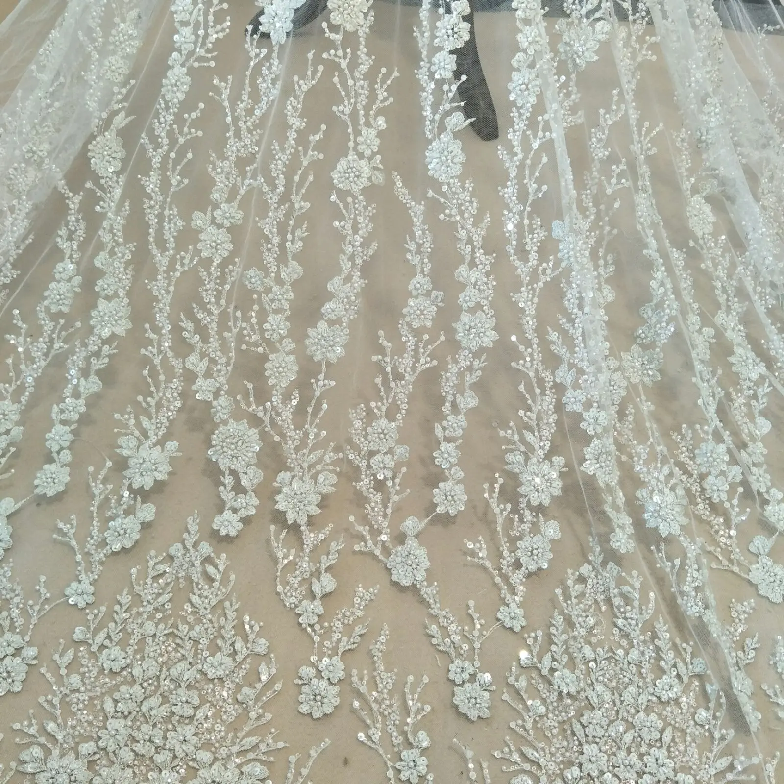 fashion silver beading lace fabric 130cm width dress lace fabric sequins lace fabric sell by yard