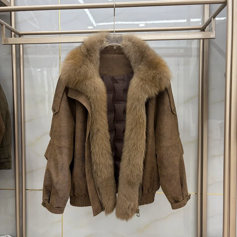 Real Natural Fox Fur Collar Women Goose Down Coat Vintage Faux Suede Cropped Oversized Luxury Female Winter Warm Down Jacket