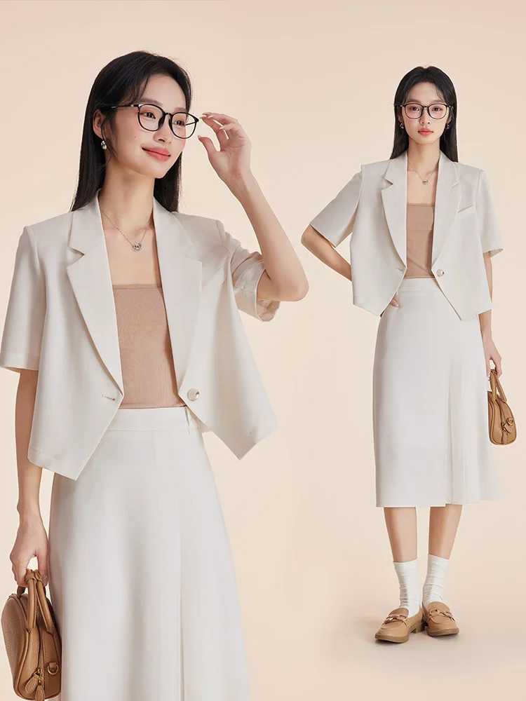Summer Short Sleeve Career Suit Set Women's College Style Commute Wind Coat Jacket And Pants Thin Polyester Blend Pure Color