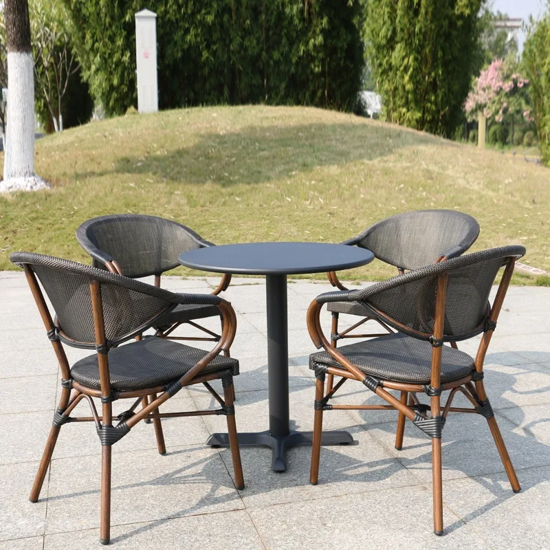 Outdoor Waterproof French Cafe Rattan Chair Aluminum Frame Brown Stackable Dining Armchair