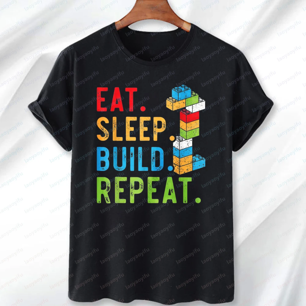 Eat Sleep Build Repeat Master Printed T-shirt Builder Bricks Blocks Tee Summer Vintage Trend Fashion Men's Clothing Toy Fan Gift
