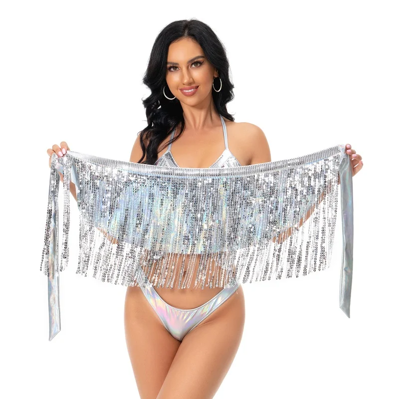 Sexy Women Latin Dancewear Set Silver Color Crop Top with Hip Scarf Bottoms Tassel Stage Performance Costume