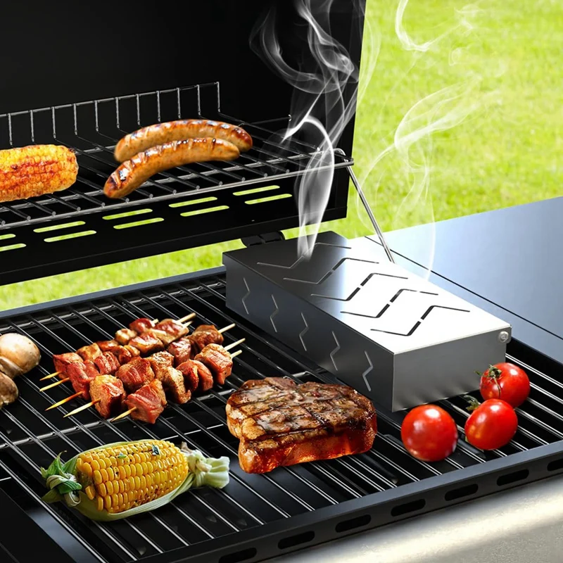 Grill Smoker Box, Stainless Steel Food Safe, Works With Wood Chips Smoked BBQ Flavor, Hinged Lid,Warp Free Grill