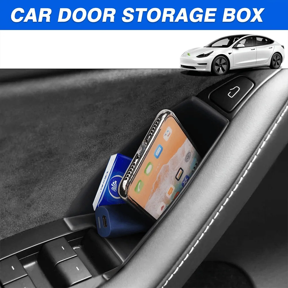 Door Side Storage Box for Tesla Model 3 2017-2023/ Model Y 2020-2024 Armrest Phone Container Door Organizer Handle Pocket Tray