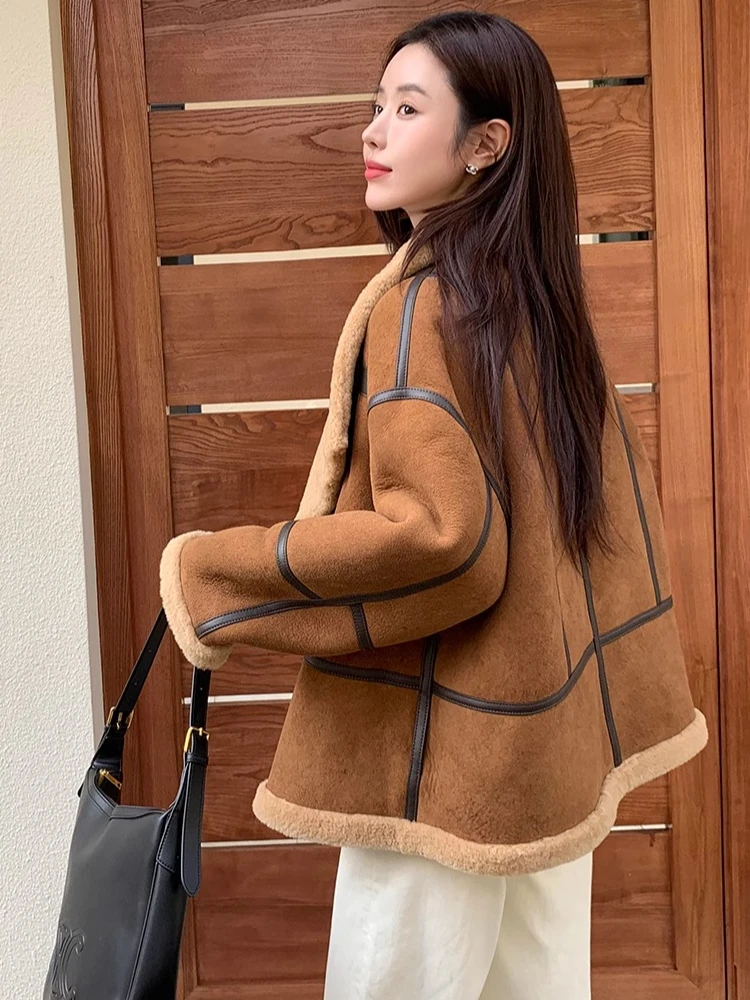 Luksusowe kurtki zimowe z wyższej jakości wełny merino i zamszu dla kobiet, nowa kolekcja 2025, proste, codzienne, prawdziwe skórzane płaszcze z futra jagnięcego.