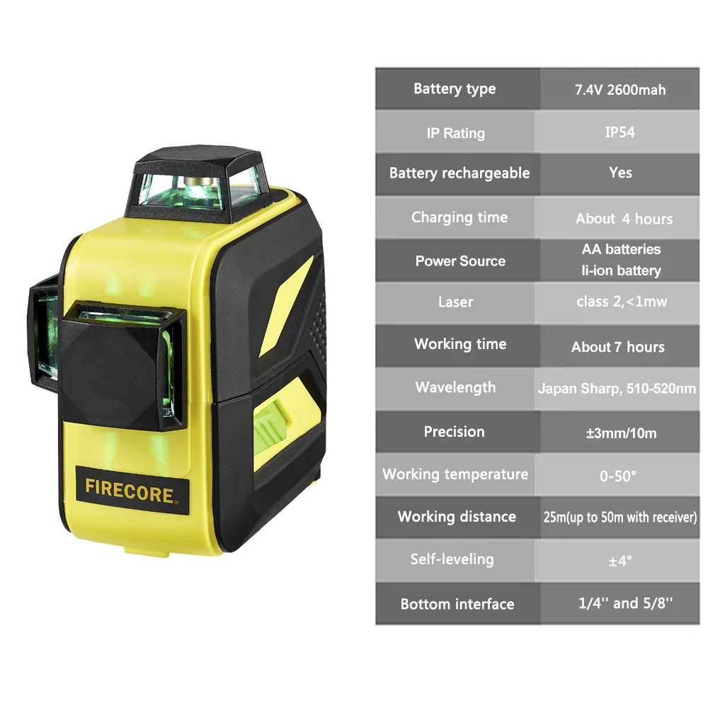 FIRECORE 3D Green Laser Level 360 12Lines Лазерный Уровень Self-Leveling Nivel láser Lines With Purple Coating(F93T-XG)