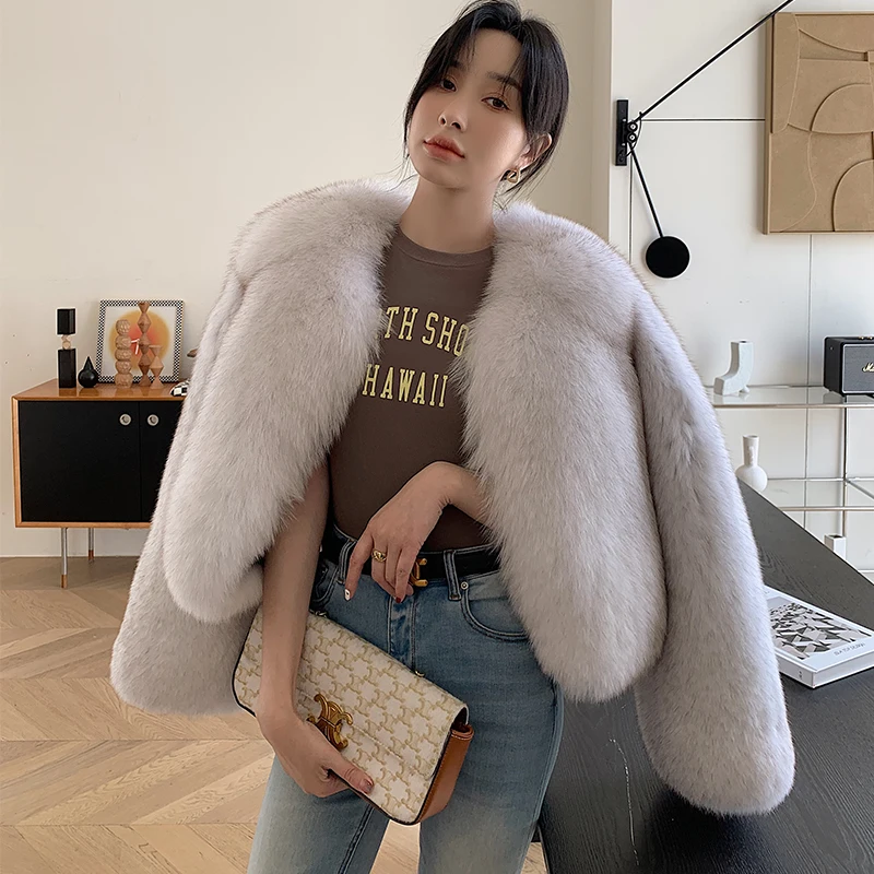 2023 Hot Sale  Winter 100% Genuine Natural Whole Skin Fox Fur Coat For Women V-neck Short Jacket Luxury Outerwear High-end