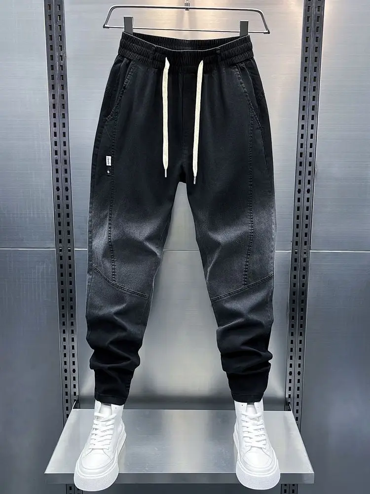 Men's 2025 Spring and Summer Jeans Trendy Brand Gradual Change Color Splicing Slim Pants Elastic Feet Thin Casual Harem Pants