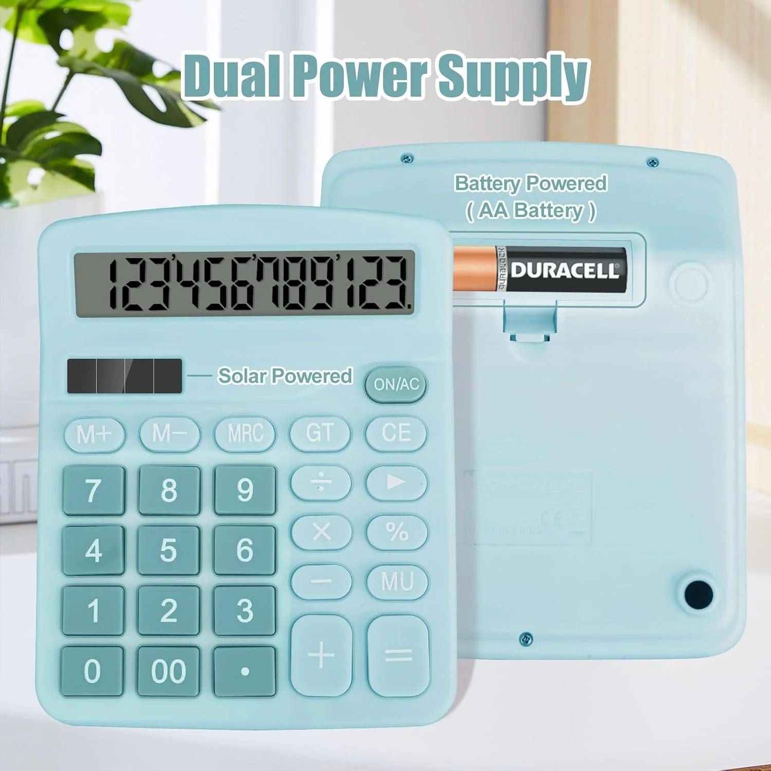 Desktop Calculator, Light Blue Calculator Big Buttons, 12-Digits Large LCD Display, Solar and AA Battery Dual Power, Desk Calcul