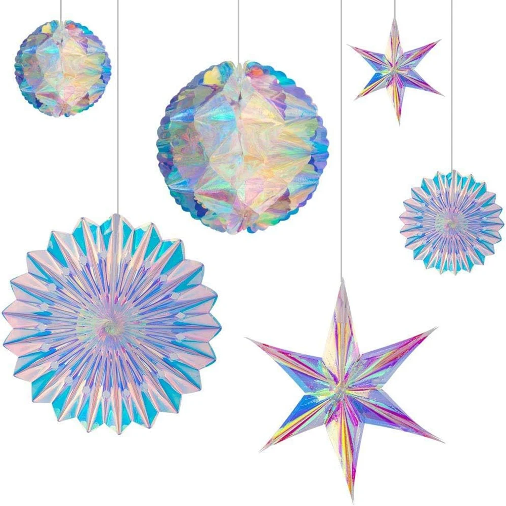 Decoraciones de fiesta iridiscentes, estrella hexagonal colgante, bolas de panal, abanico de copo de nieve para boda, cumpleaños, decoración de fiesta de Navidad, 6 uds.