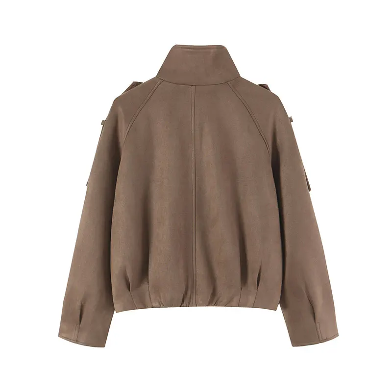 NLZGMSJ Women Vintage Autumn Winter Faux Suede Coat Street Casual Double-breasted Short Trench Coat Trendy Stand-neck Jacket