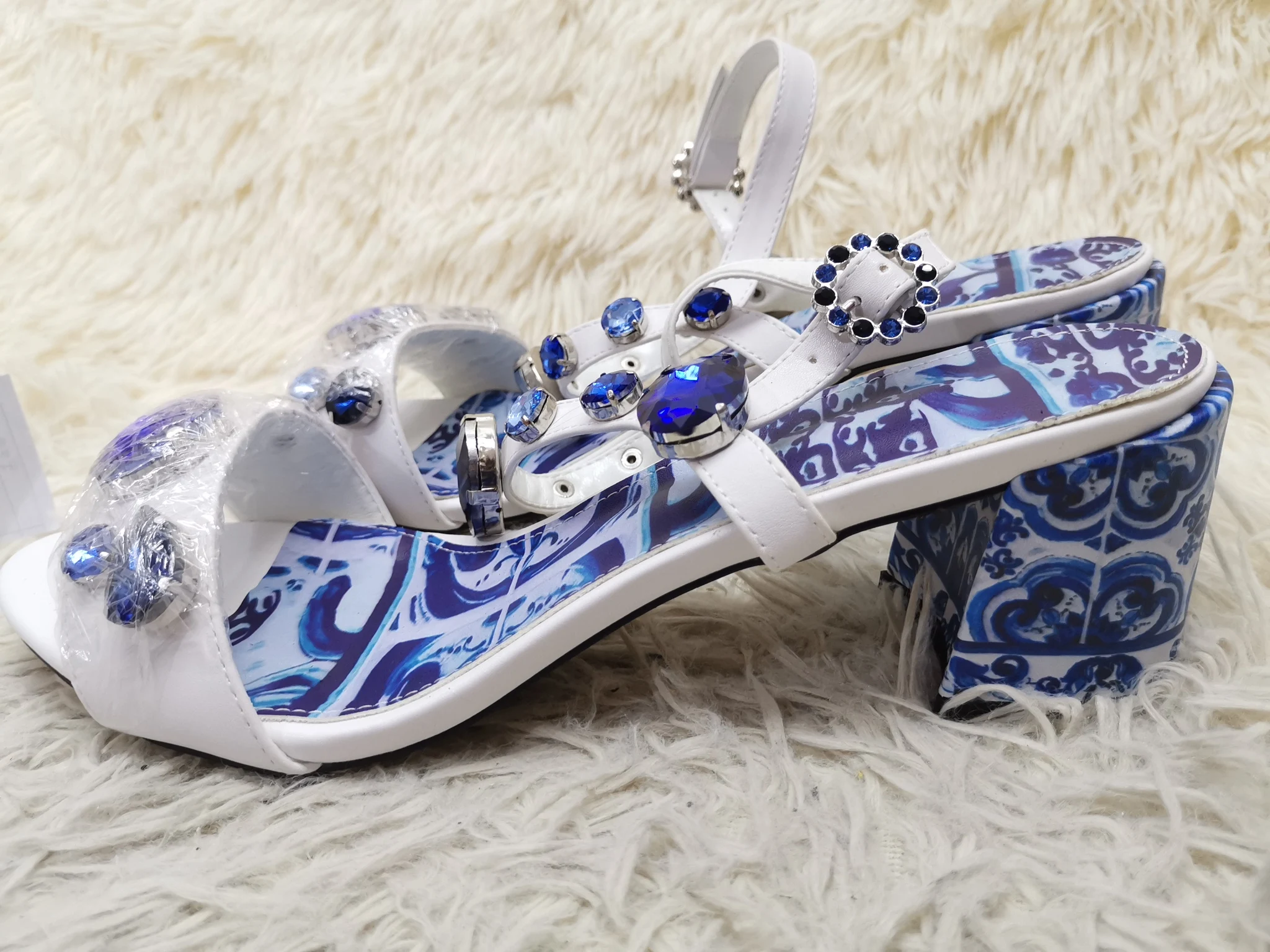 Diamond Blue and White Sandals Women Summer Bohemian Rhinestone Gem One Belt Chunky High Heels Sandals Casual Ladies Shoes