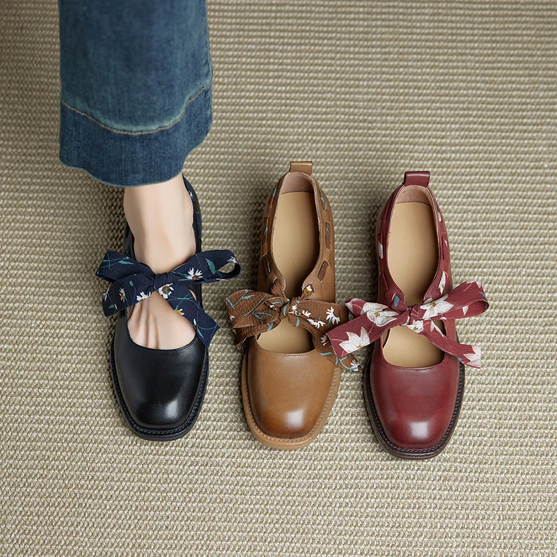 2026 new spring summer women pumps natural leather plus size 22-25cm washed cowhide+pigskin round toe lace-up women shoes