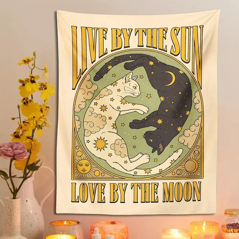 Sun Moon cat Tapestry Wall Hanging Tarot retro black white cat psychedelic love star for Living Room Home Dorm Decor Cloth gift