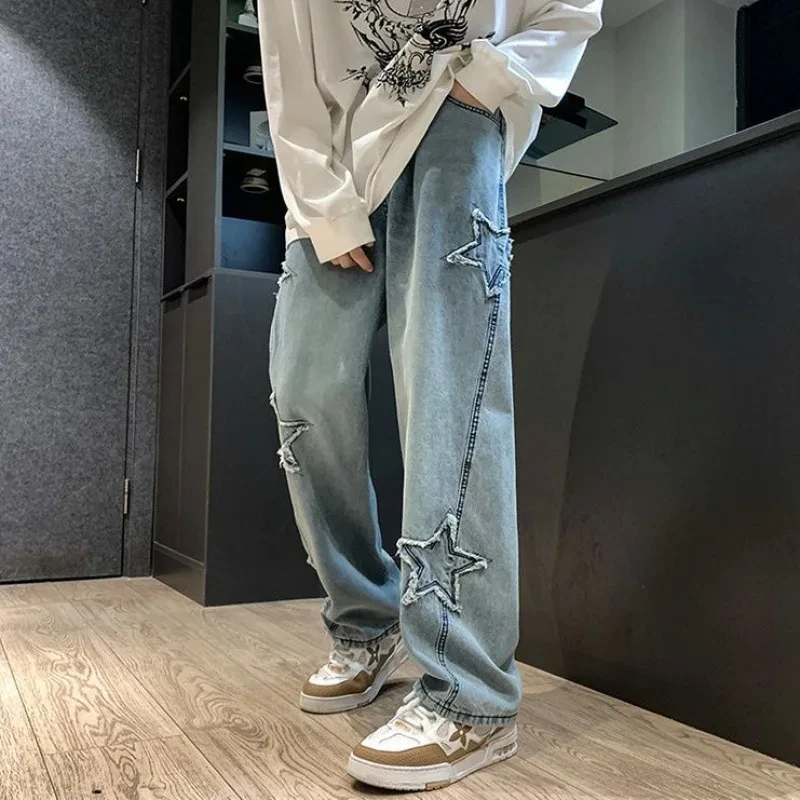 Harajuku New Men Star Embroidered Fashion Loose Jeans Y2K High Street Hip Hop Stretch Soft Straight Wide Leg Denim Trousers Male