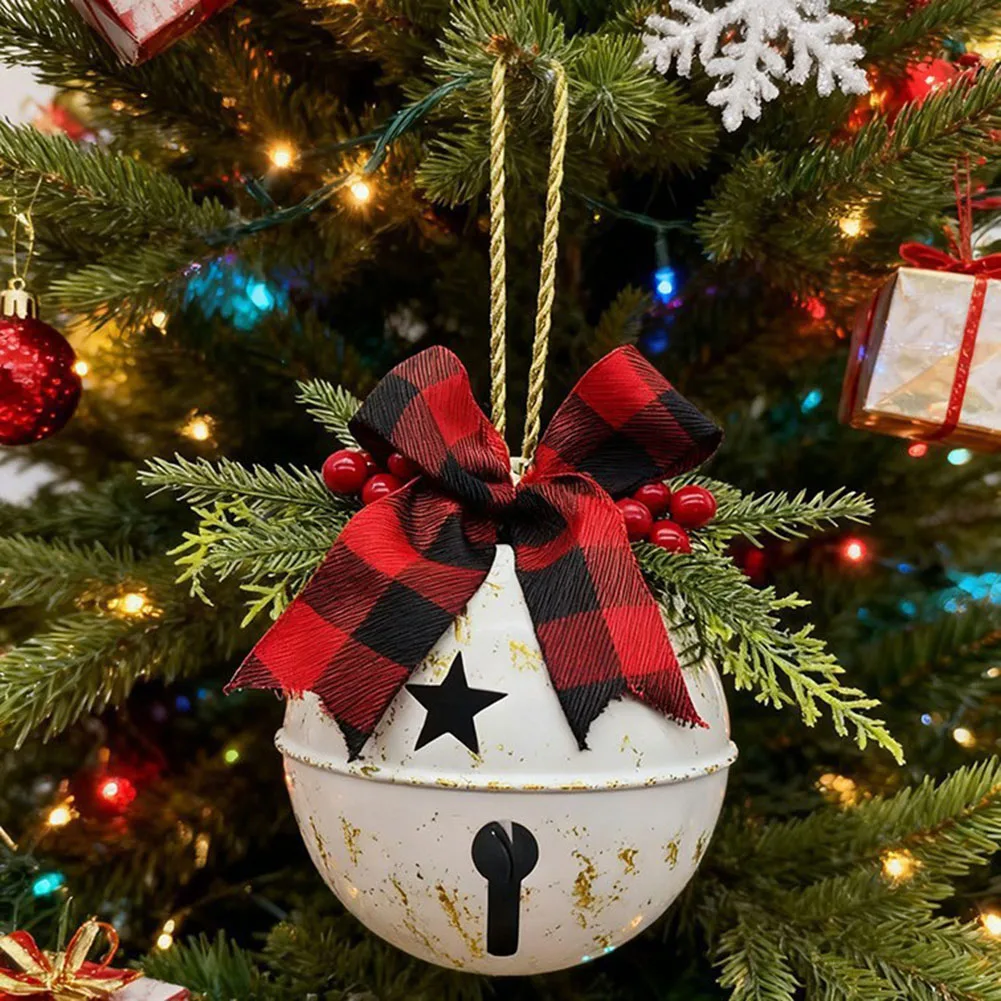 

Christmas Decoration Metal Jingle Bells with Holly Berry and Checkered Bow for Holiday Ambiance and Party Settings